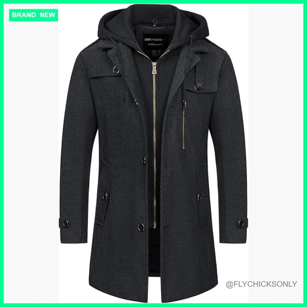 Men's Wool Blend Pea Coat with Detachable Hood Windproof Overcoat